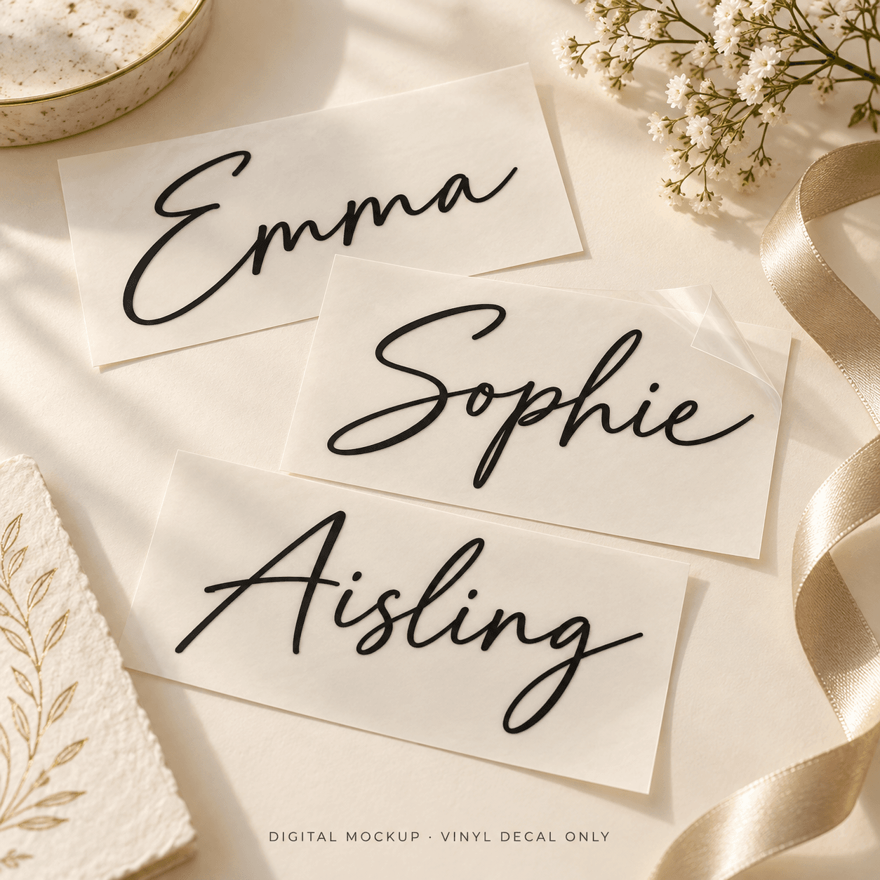 Digital mockup: Matching name decals for Emma, Sophie and Aisling on transfer backing. Vinyl decal only; props are not included.