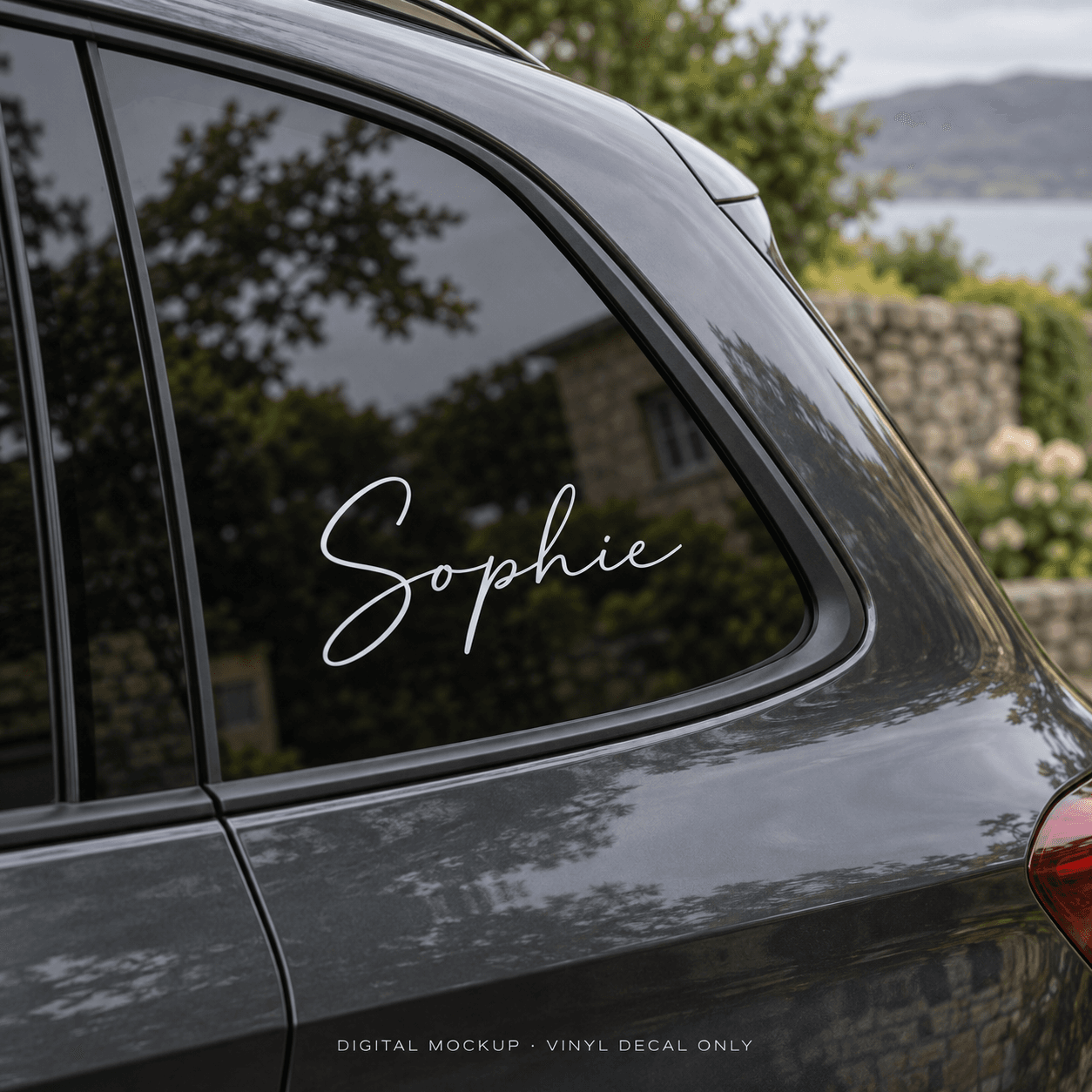 Digital mockup: White script name "Sophie" on a car side window. Vinyl decals only; props are not included.