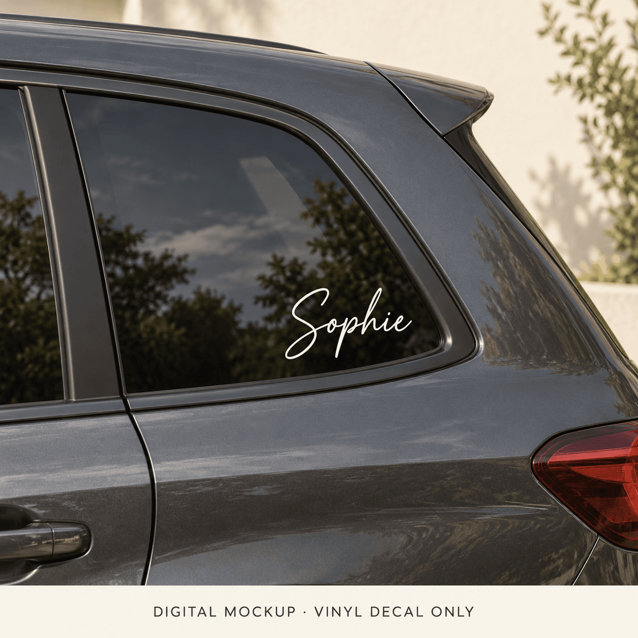 Digital mockup: White script name "Sophie" on a car window. Vinyl decal only; props are not included.