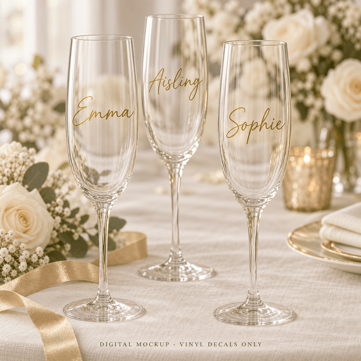 Digital mockup: Gold names "Emma", "Sophie" and "Aisling" on three wedding glasses. Vinyl decals only; props are not included.